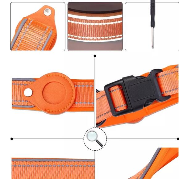 NWT dog collar orange Apple AirTag tracker reflective padded nylon medium B182 - Picture 5 of 8